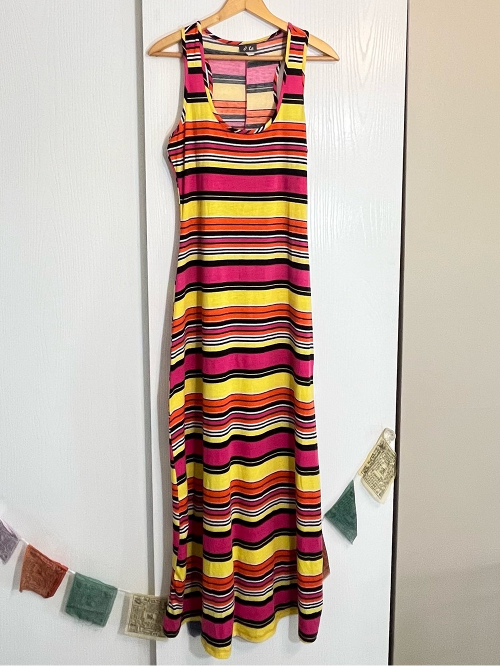 Y2K Dots Size Medium Pink Yellow Black Striped Knit Maxi Dress